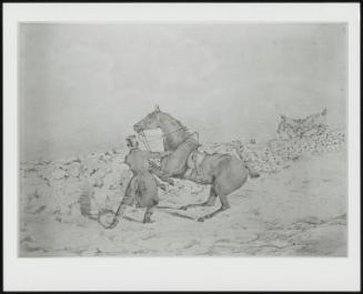 Two Dismounted Huntsmen With Their Horses, And One Foxhound, Scaling A Wall