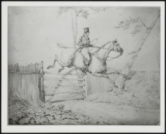 A Horseman On A Grey Horse Jumping A Padlocked Gate