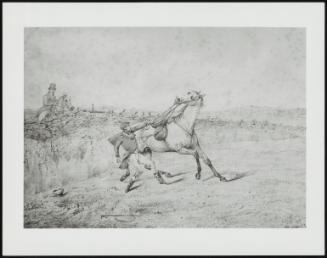 A Horseman Holding Onto a Grey Horse after a Fall