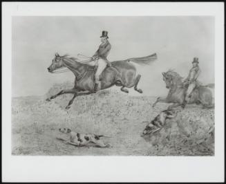 Two Hunters and Two Hounds Clearing a Wall