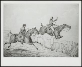 Two Horsemen Jumping a Wooden Fence