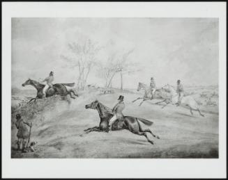 Several Horsemen, a Man with a Gun and Dog Standing to Left; the Field Coming Up to a Cut and Laid Fence