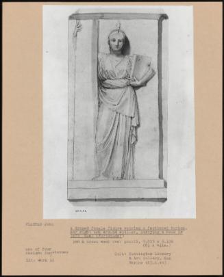 A Draped Female Figure Wearing a Feathered Turban, Her Right Arm Around a Pillar, Carrying a Book in Left Hand (Fortitude)