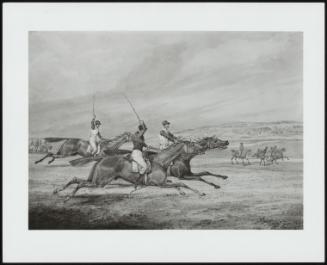 A Steeplechase Scene: Three Riders Galloping Right, Spectators On Horseback