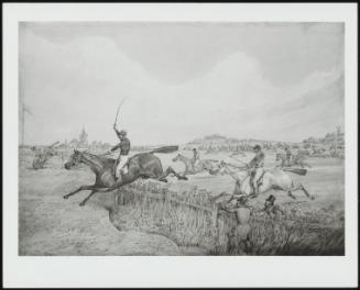 A Steeplechase Scene: Two Riders Taking A Wooden Fence, Spectators In Foreground