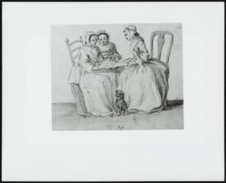 Three Seated Ladies Reading, With A Dog At Their Feet