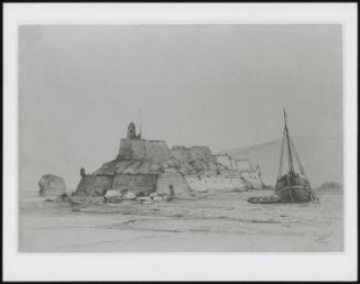 Coast Scene With Castle And Beached Fishing Vessel