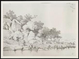 River Landscape In China With Boats And Figures