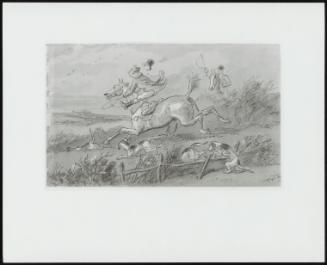 Honting Mishaps; Hunting Scene (Huntsman Losing His Seat Taking A Fence)