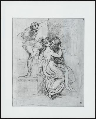 Seated Man and Woman Embracing, a Second Man Standing Behind Looking On.