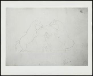 Two Rearing Horses, With Sketch Of Jockey In Background With Trophy