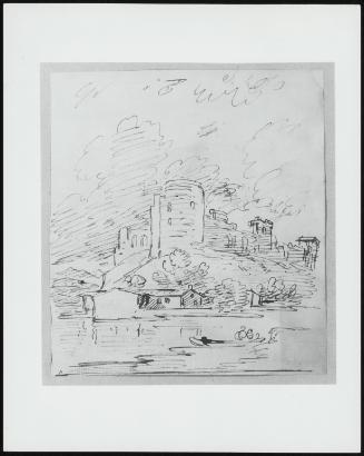 A) Castle with a Round Tower Above a River; B) Two Sketches on One Sheet of a Castle and Trees–Morning and Evening