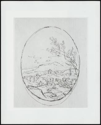 Cattle in a Field with Mountains and Bridge in Background (Oval)- Verso: Animals Near a Stream