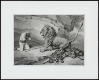 A Lion Standing Over a Wounded Leopard, with an Indian Kneeling at Left