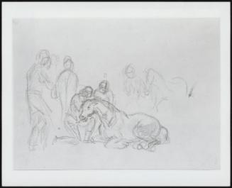 Two Figures Kneeling Beside a Horse, Other Figures and a Horse in the Background–Verso, Study of a Dog