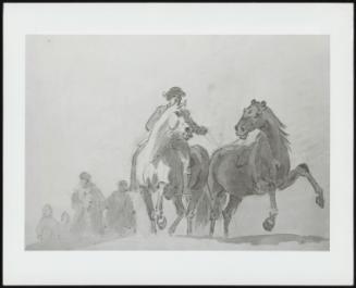 Sketch In Foreground Of A Horse With Rider Up Leading A Saddled Horse, With Other Horses And Riders In Background
