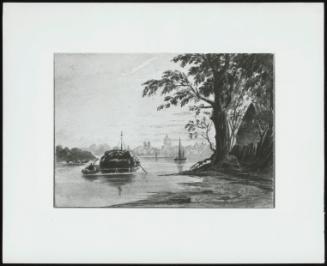 A Barge on the Thames with Trees and a Cottage at Right