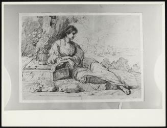 Reclining Woman, with Basket and Staff, Leaning on an Engraved Slab