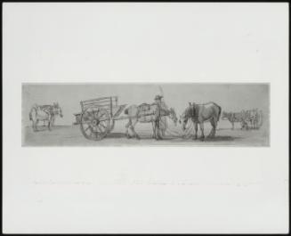 Cart with Horses and Driver Standing: Other Horses and Cars in the Background