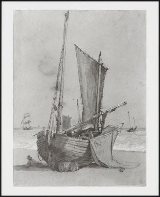 Fishing Boats on the Beach with a Brig at Sea.