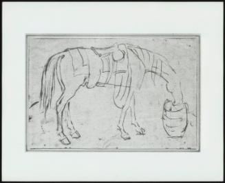 Study of a Saddled Horse Eating From a Barrel