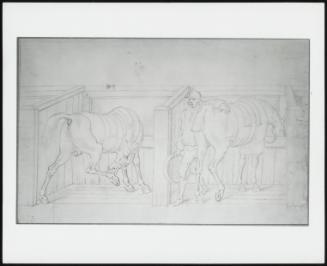 Two Horses and a Groom in a Stable.
