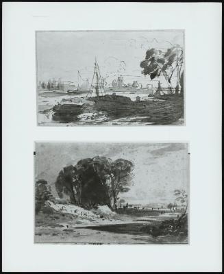 Ships on a River with Buildings in the Distance; Trees on a Knoll by a Stream