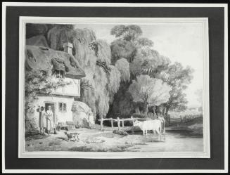 Country Scene, Figures by Cottage Door and Cattle in a Stream.