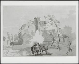 Farm with Cows and a Man Chopping