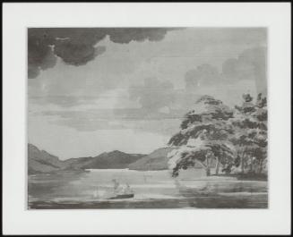 Lake Scene, with Men Fishing From a Boat