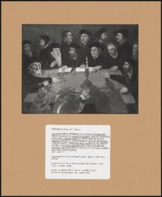 The Reformers Defending The Candle Of England From The Papists: Henry Bullinger, Jerome Zanchius, John Knox, Ulrich Zwingli, Peter Martyr (Petro Martire Vermigli), Martin Bucer, Jerome Of Prague, John Wycliffe, Theodore Beza, John Calvin, Martin Luther, Philip Melancthon And John Hus Ranged Against The Pope (With The Devil At His Right Hand) And Two Other Clerics