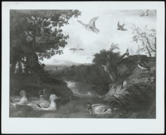 Ducks And Other Birds About A Stream In An Italianate Landscape (Numerous Birds In A Landscape With River In Foreground)