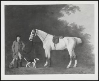 A Huntsman Holding The Reins Of A Dappled Grey Seen By A Fence At The Edge Of A Wood Two Hounds At His Side