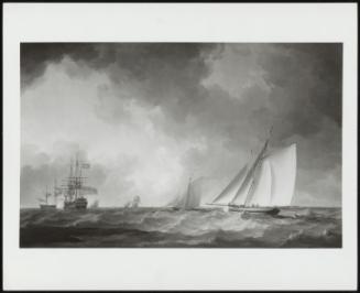 Two Cutters, A British Man-O-War At Anchor, And Other Craft In A Breeze