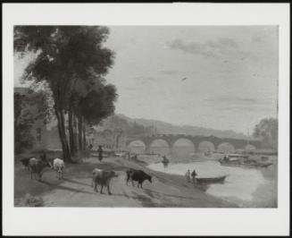 View Of Richmond Bridge, Boats On The River, And Figures And Cattle On The Tow Path