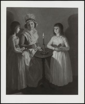 Lady Sewing With Her Two Daughters Reading By Candle Light