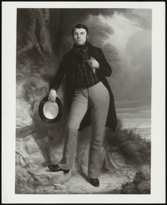 Portrait Of A Gentleman, Full Length, Standing In A Black Coat, A Striped Waistcoat And Grey Trousers, Holding A Black Silk Hat In Right Hand And Leaning Elbbw On A Grassy Knoll