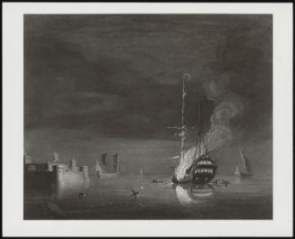 A Two-Decker On Fire At Night Off A Fort, 1740
