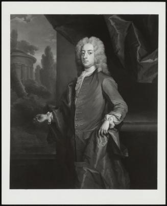 Three-Quarter Leght Portrait Of A Gentleman In Plum Coloured Coat And Brown Cloak, Wearing A Long Wig--A Rotunda In A Landscape In The Backround