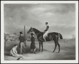 Portrait Of Euxton With Mr John White, The Owner, Mr Robert Simpson, The Trainer, And The Jockey, Arthur, In Heaton Park, Manchester, 1829