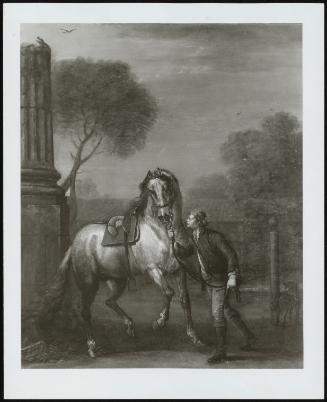 Young Man Leading A Prancing Grey Horse In Classical Setting - One Of A Pair