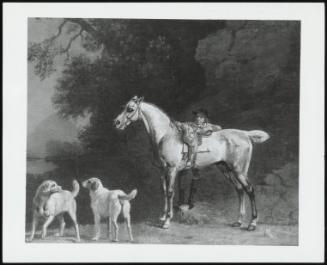 Huntsman Mounting A Grey Horse With Two Hounds (A Saddled Horse With A Figure And Two Dogs In A Landscape)