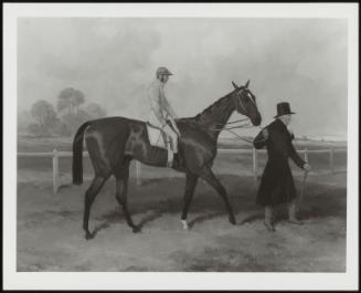 Portrait of Bay Colt "Sir Tatton Sykes" with Sir Tatton Sykes His Breeder Leading and William Scott Up, ca. 1840-1850