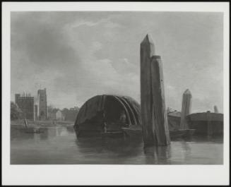A View Of Lambeth From The Thames, Barges By Mooring Posts In The Foreground