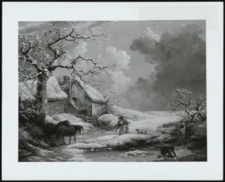 Winter Landscape with Men Snowballing, an Old Woman and Two Horses by a Tree, 1790 (A Winter Scene; Peasant Figures in the Foreground, Two Horses by a Tree and Cottages to the Left)