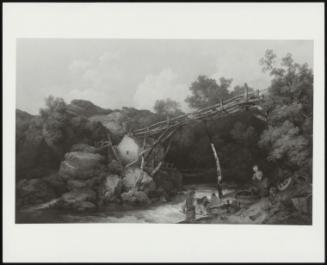 Landscape with Two Men and Woman Working on a River Bank Beneath a Wooden Conveyor