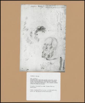 Folio 1r (P. 1) Several Sketches Including Sculpted Head, Hand, Face in Profile, Embracing Figures. Inscr. Hodgson Bradley', 'no 4 Inner Temple Lane Up 3 Pair of Stairs'