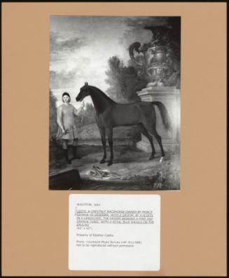 Leeds, a Chestnut Racehorse Owned by Prince George of Denmark, with a Groom; by a Plinth in a Landscape; the Groom Wearing a Pink and Orange Tunic, with a Royal Blue Saddle on the Ground