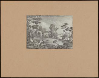 Grey Horse, Sportsmen 2 Dogs In Wooded Landscape