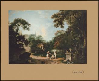 A CLASSICAL WOODED LANDSCAPE WITH RUINS, A TRAVELLER ON A PATH AND FIGURES RESTING BY A RIVER